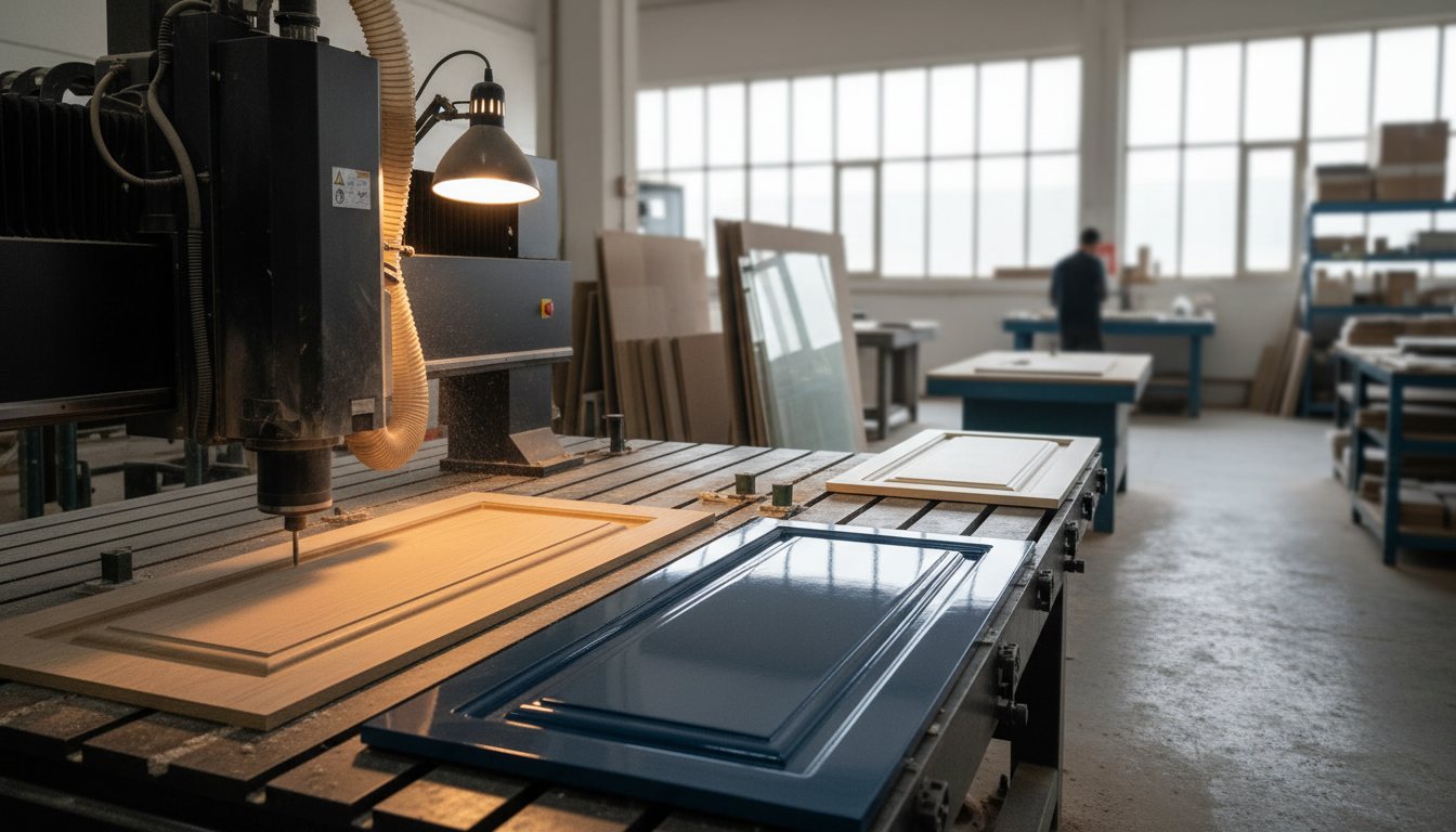 Fason CNC kesim atölyesinde çalışan operatör ve panel yığını