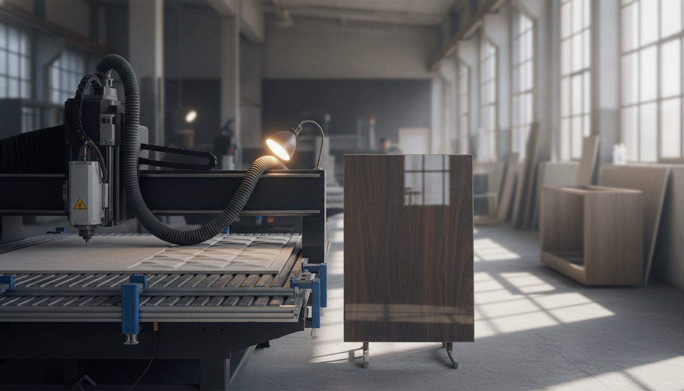 Mobilya imalat atölyesinde CNC makinesi önünde panel kesim aşaması
